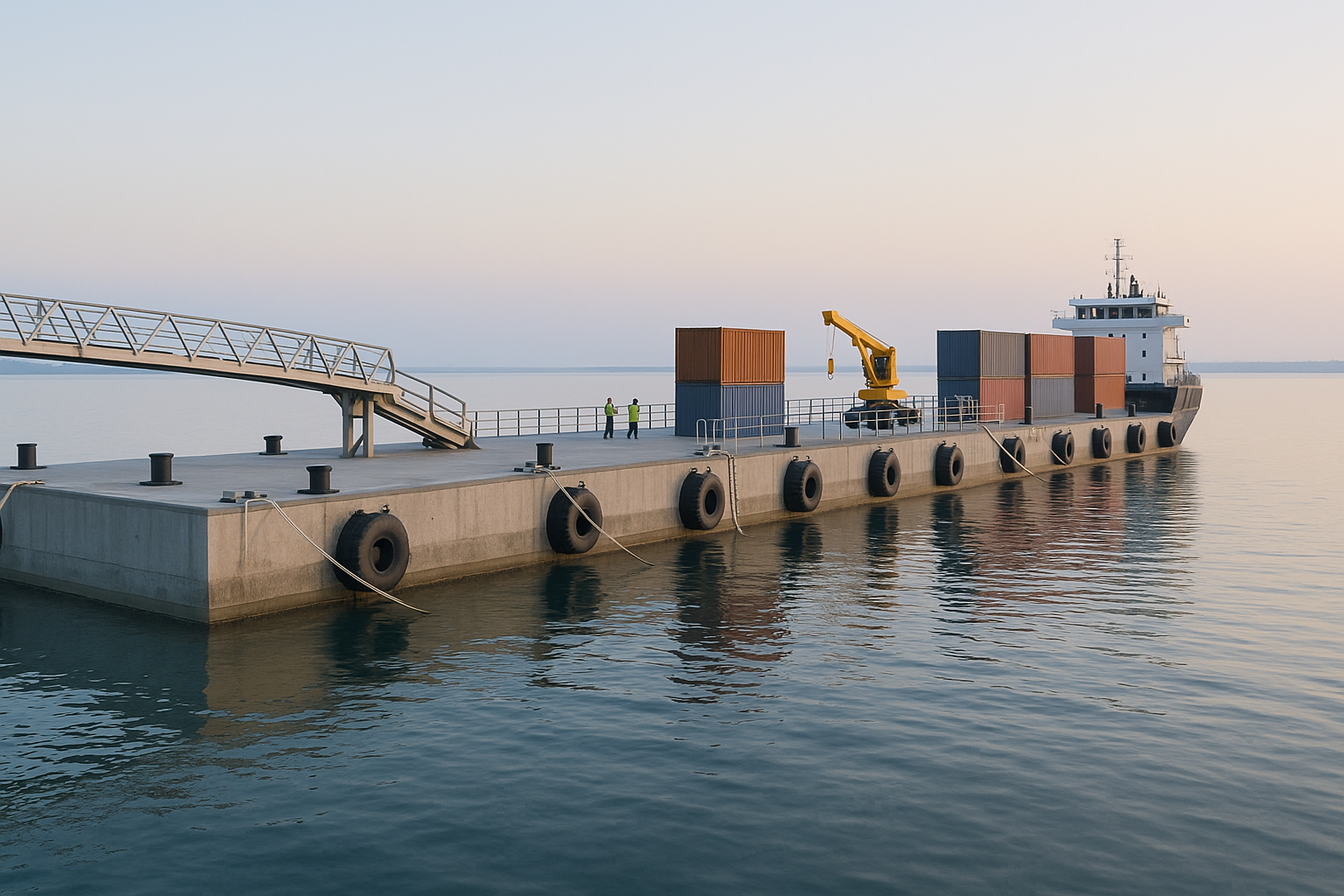 Plataforma flotante modular con defensas y bollards, pasarela articulada hacia el muelle y barcaza feeder atracando; escena realista, sin texto.