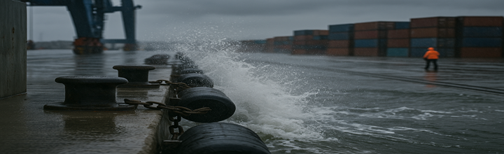 Frente de atraque con marejada: defensas y bolardos mojados, spray de olas y personal con EPP a distancia segura; sin texto.