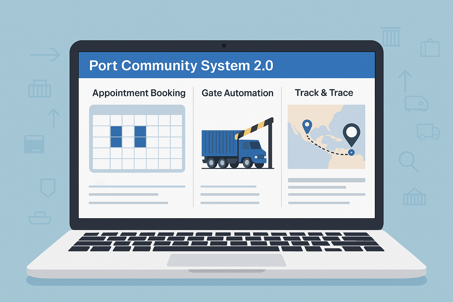Plataforma digital de Port Community System mostrando integración de reservas, accesos y trazabilidad