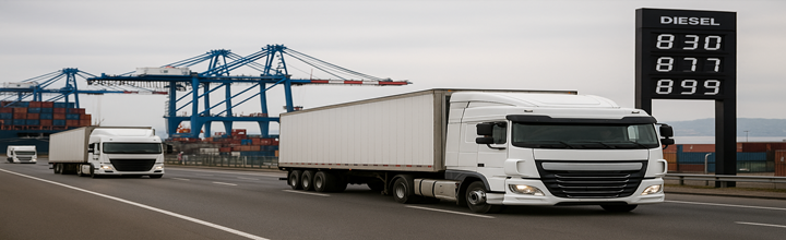 Operación logística con tractocamiones y contenedores; el costo de combustible y mano de obra impacta el ICT