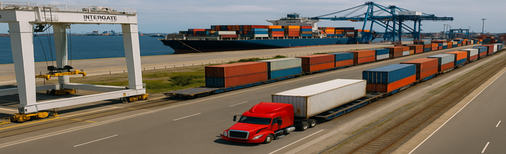 Interfaz intermodal: camión ingresando al gate del puerto, tren maniobrando en vía lateral y buque portacontenedores en atraque.