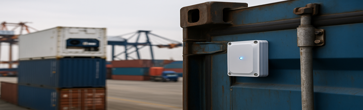 Patio de contenedores con dispositivo IoT en primer plano; grúas y camiones al fondo.