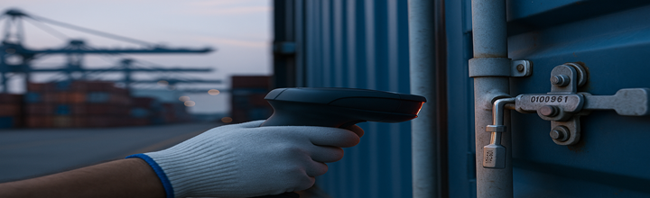 Documento digital y cadena de bloques representados sobre contenedores; concepto de eBL y cadena de custodia.