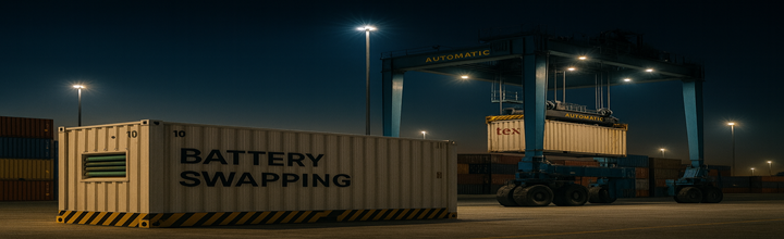 RTG eléctrico con estación de intercambio de baterías en patio de contenedores