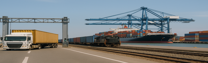 Nodo intermodal: camión en gate, tren en vía contigua y buque portacontenedores en atraque.