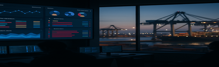 Centro de control mostrando incidentes y panel de estado; vista de terminal portuario al fondo.