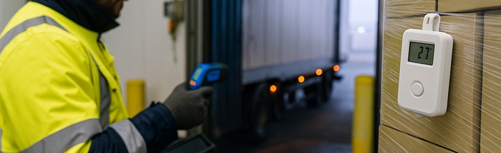 Operador revisa trazabilidad de temperatura en contenedores reefer y lecturas IoT asociadas a pallets durante el tránsito