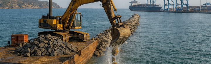 Construcción de rompeolas con barcaza y excavadora descargando roca; grúas STS del terminal al fondo