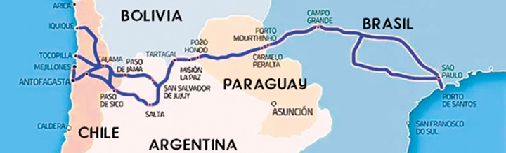 Trazado estilizado del Corredor Bioceánico Central con íconos logísticos y banderas de BR, PY, AR y CL en tonos neutros