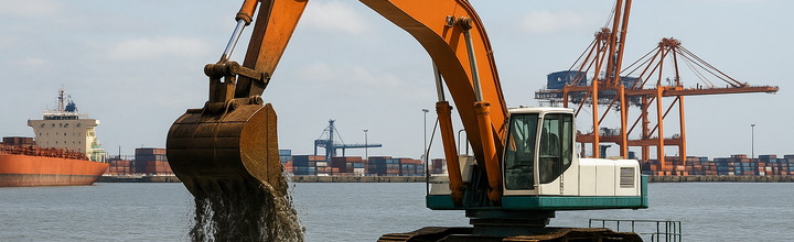 Dragado de canal de acceso con draga de succión y barcaza de apoyo; grúas STS al fondo