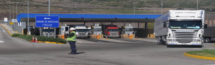 Acceso de camiones a gate portuario con pórticos de control y flujo marcado