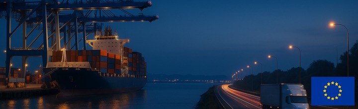 Operación portuaria: contenedores, grúas y buque en faena