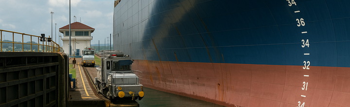 Buque Neopanamax ingresando a esclusa con asistencia de remolcadores; niveles y defensas visibles