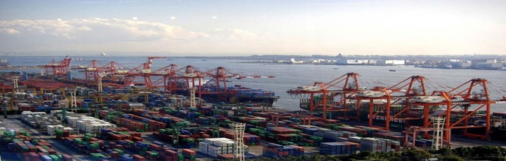 Operación de contenedores en terminal portuario con skyline urbano al fondo